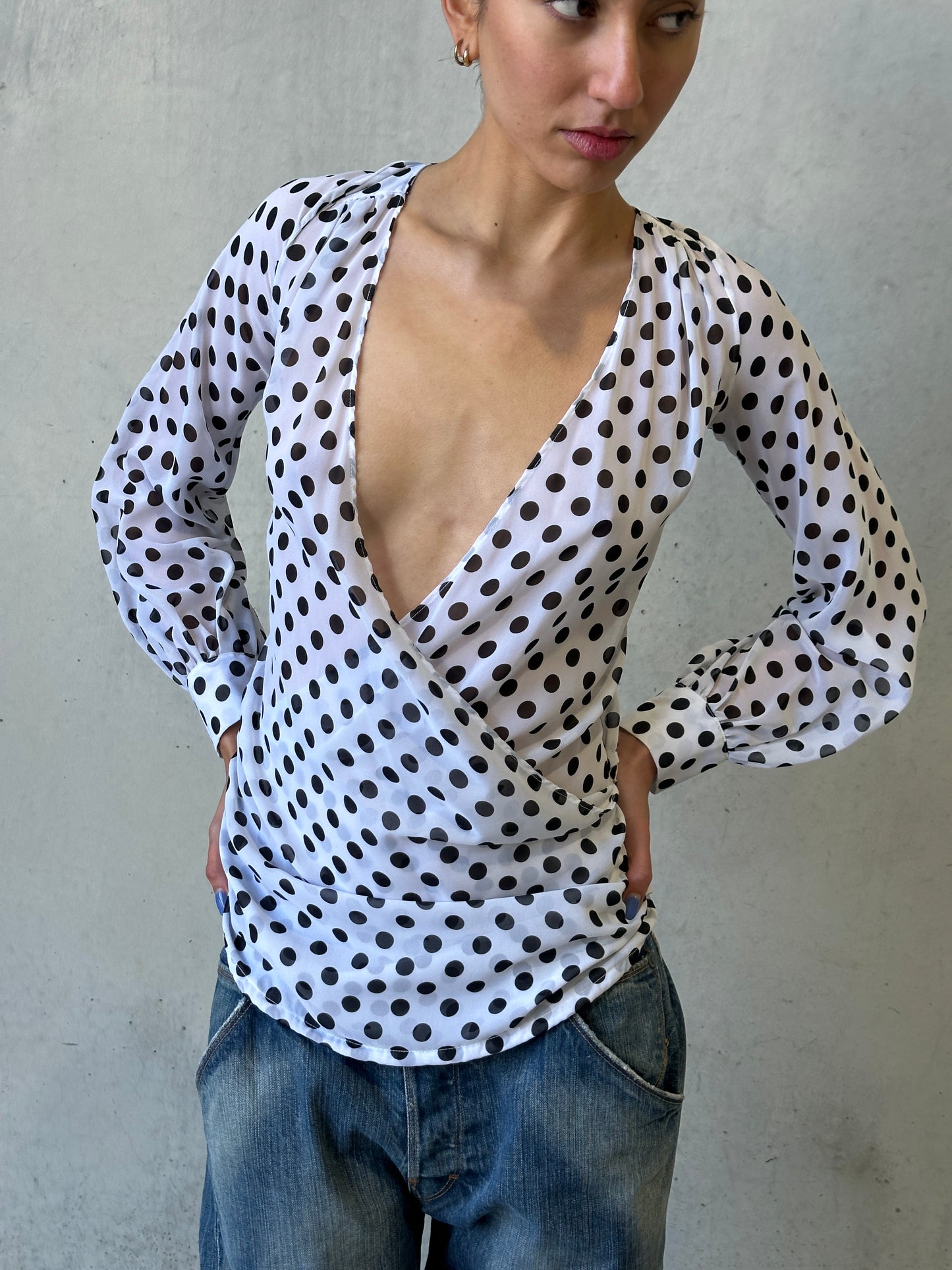 vintage polka dot print wrap blouse