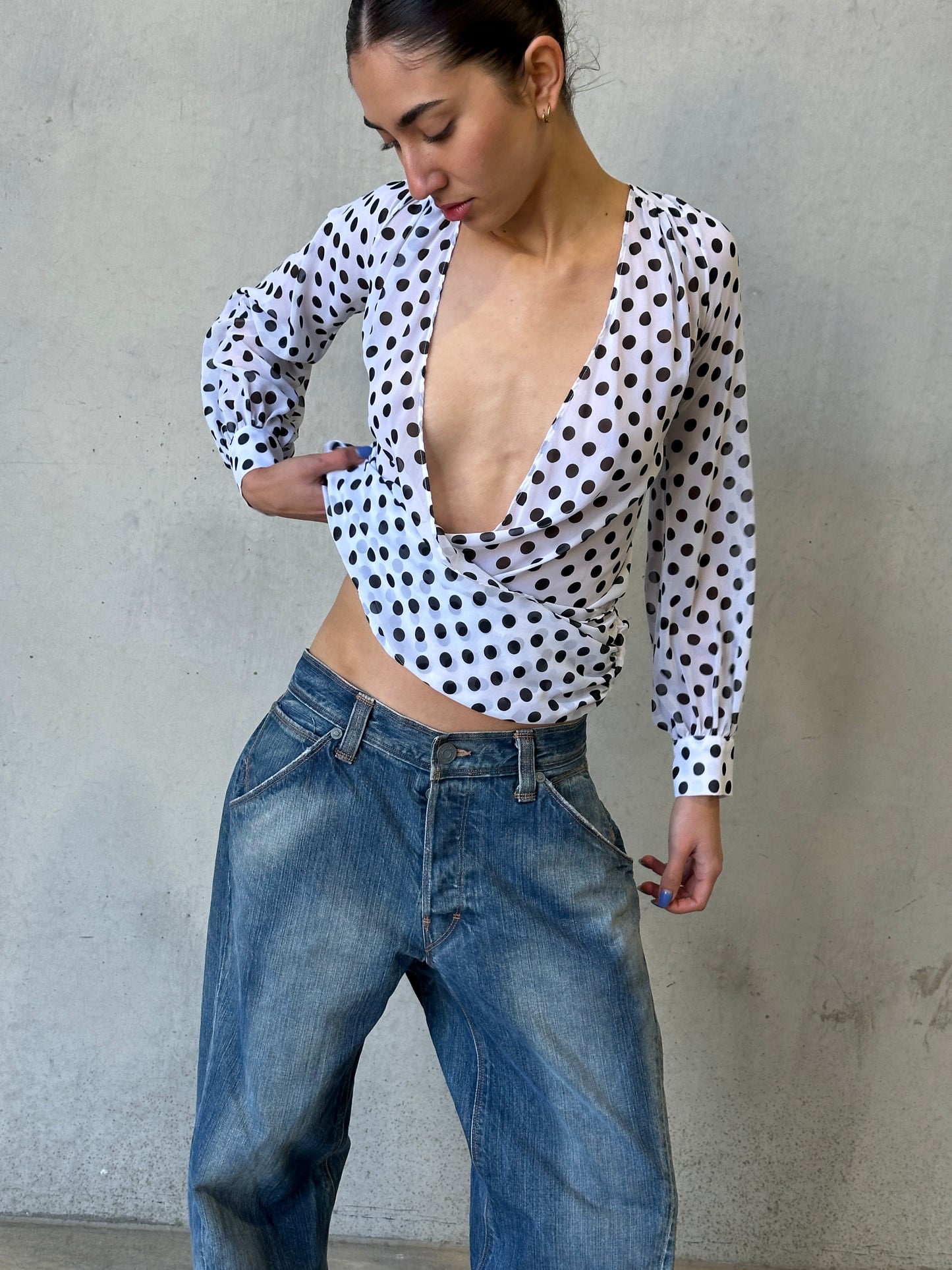 vintage polka dot print wrap blouse