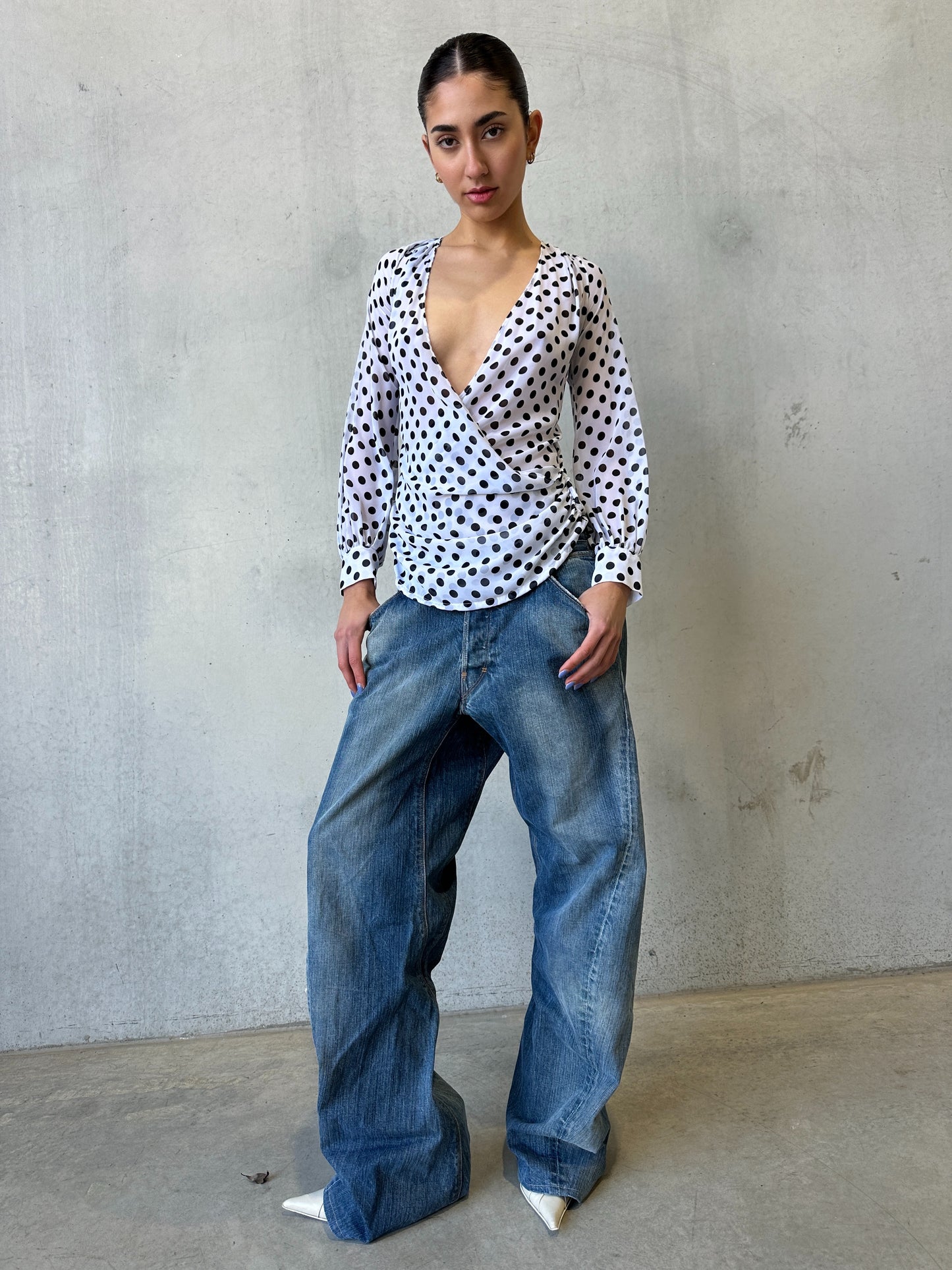 vintage polka dot print wrap blouse